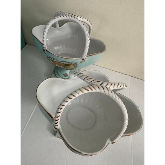 A Pair of Gold Plated Sea Green Porcelain Baskets, Trinket Dish, Decor Vintage - Picture 6 of 15